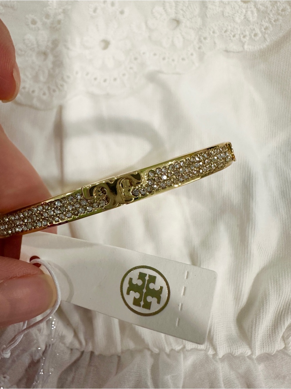 Tory Burch Gold Crystal Pavé Logo Hinged Bangle